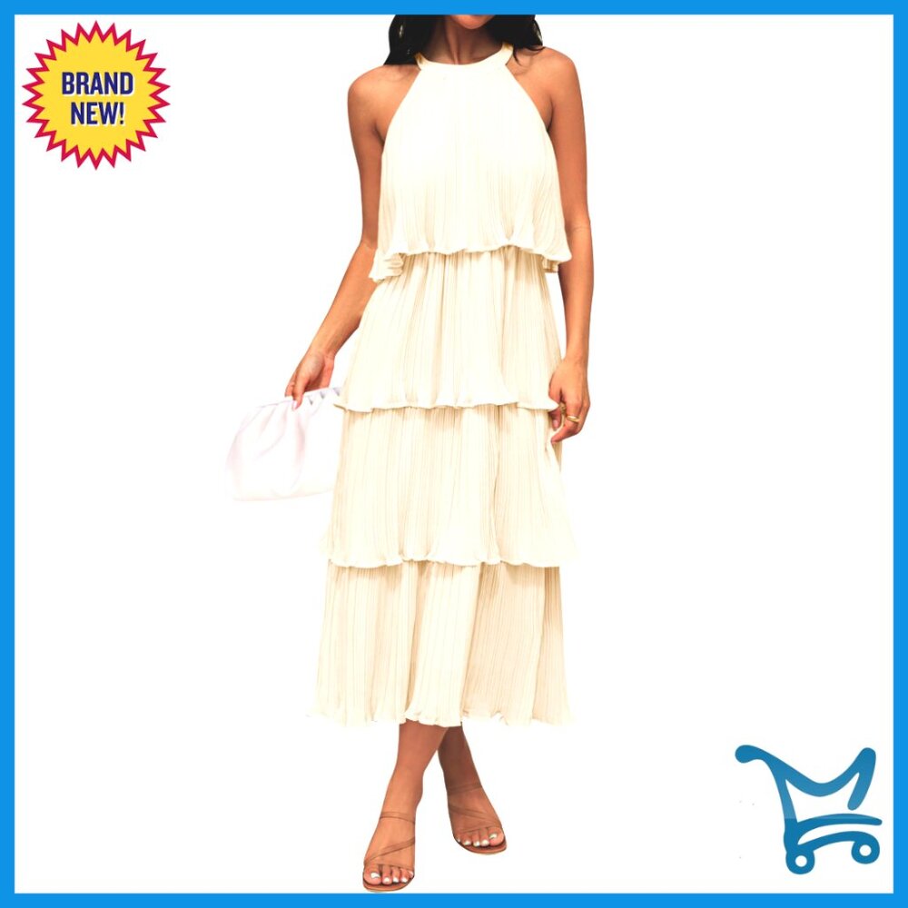 Sleeveless Halter Neck Ruffle Tiered Chiffon Swing Midi Dress Elegant Formal